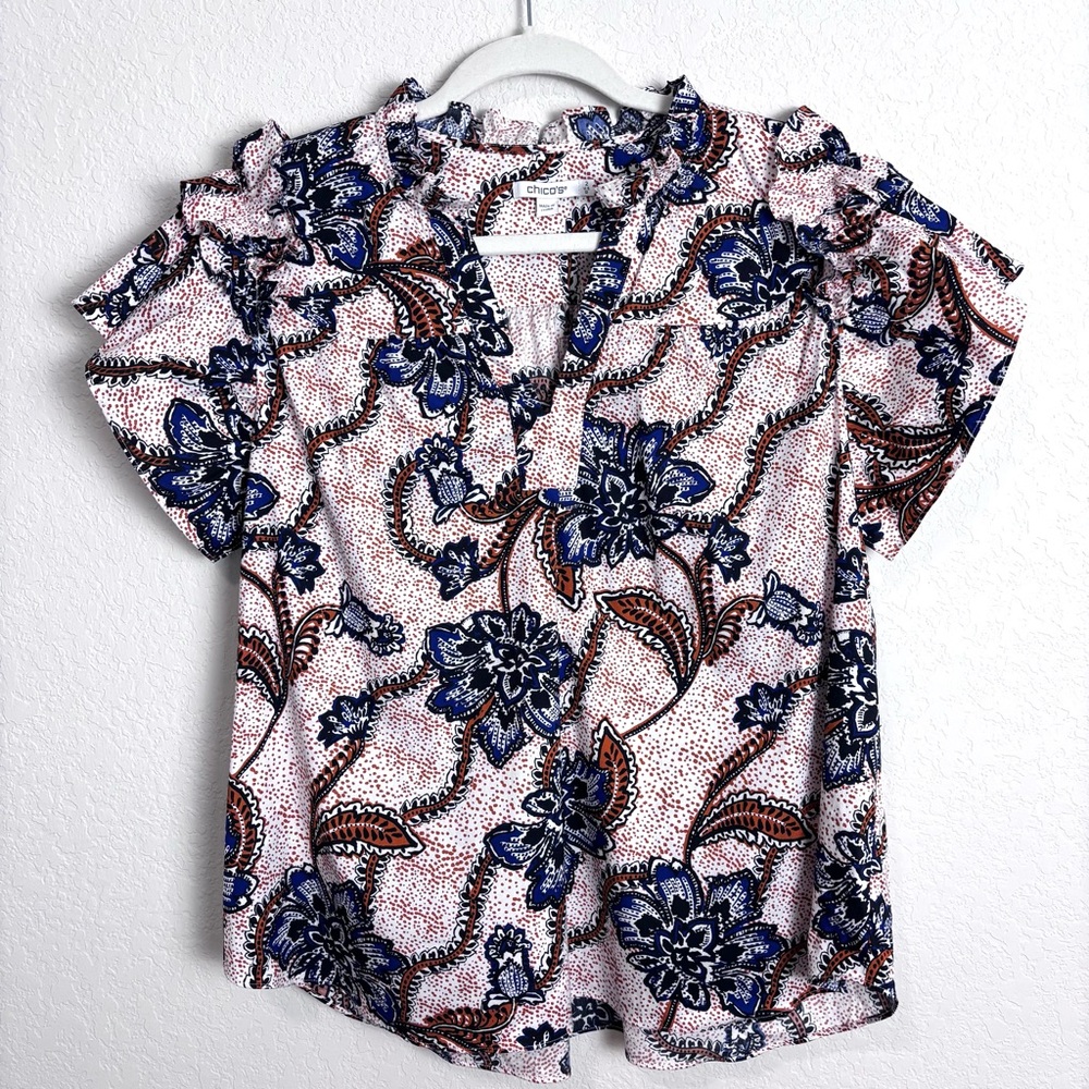 Chico's Poplin Salsa Night Blue Floral Short Sleeve Blouse Women’s 12 Whimsy